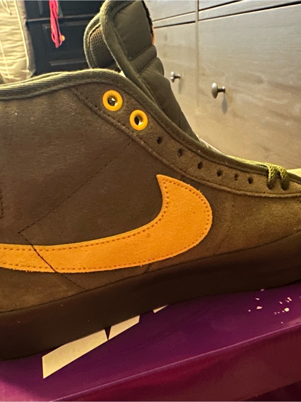 Nike Olive Green Suede High-Tops with Orange Swoosh